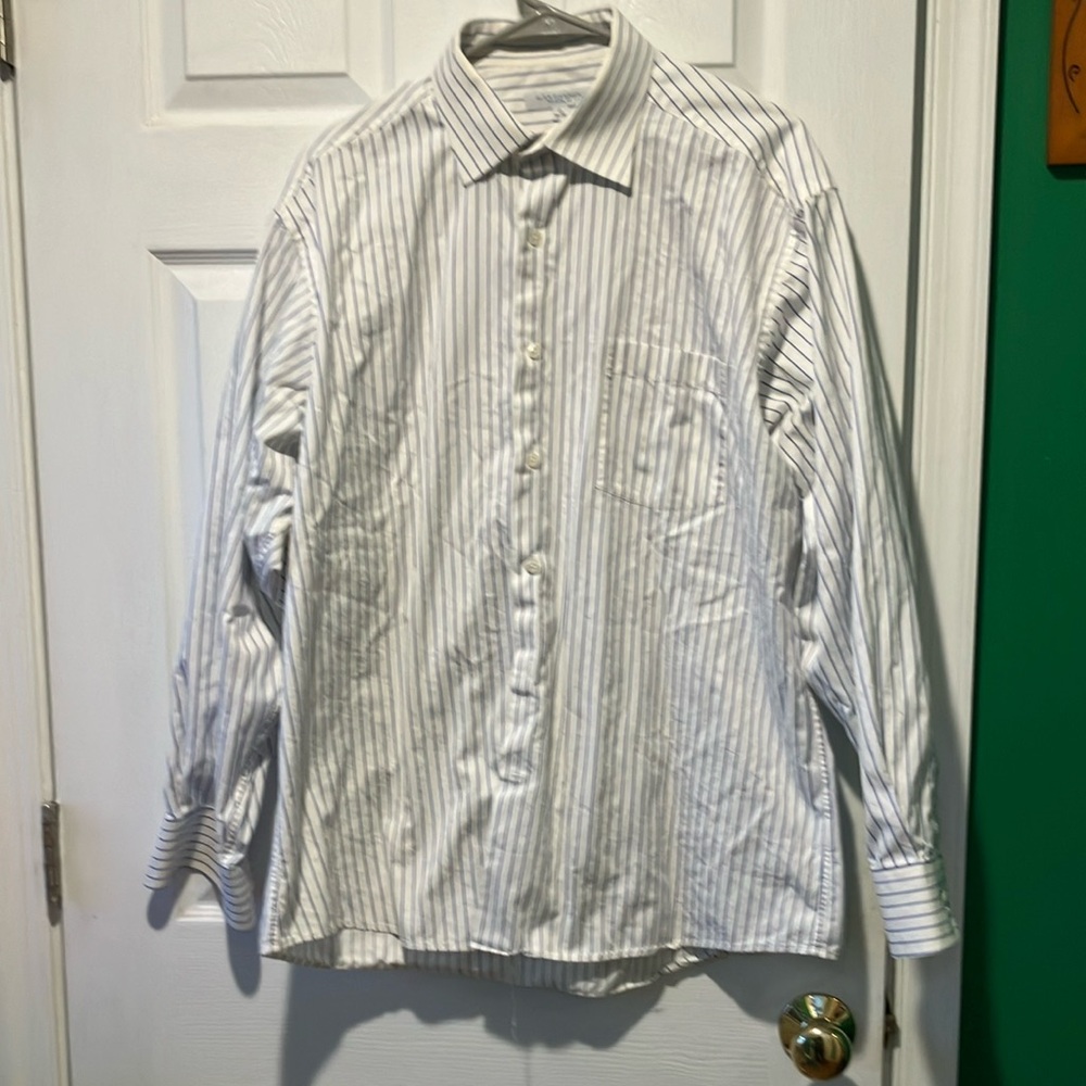 Alex cannon White blue cotton Striped Men's dress shirt long sleeve 17 34/35